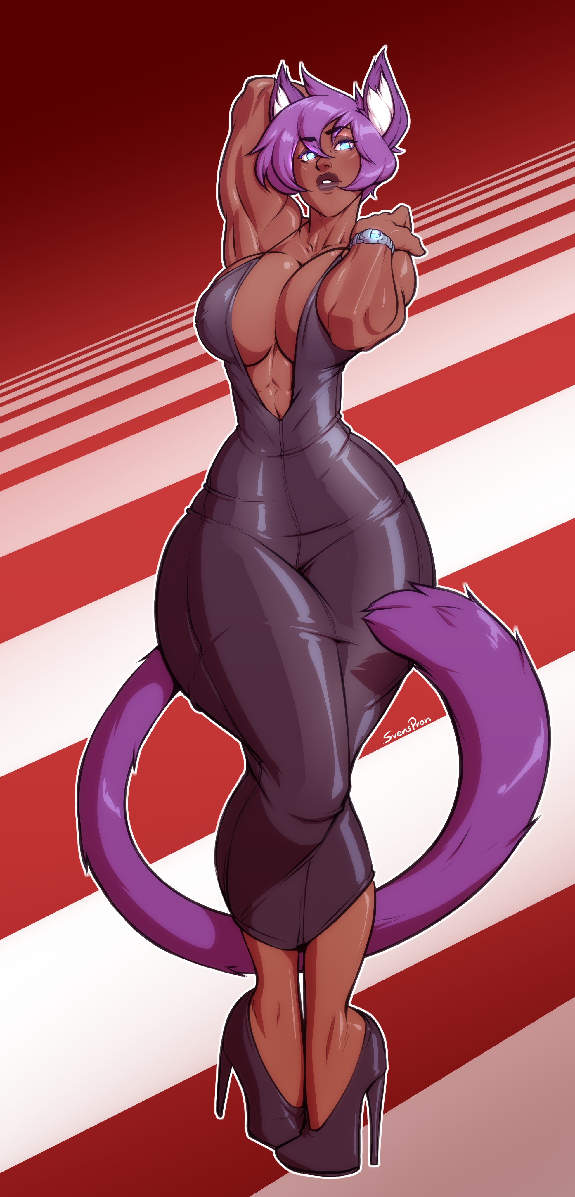 1girls, absurdres, anzsra star, big breasts, breasts, cat girl, catgirl, dark skin, dark-skinned female, female, female only, high heels, highres, large breasts, muscles, muscular, muscular female, original, solo, svenners, thick thighs, very high heels, wide hips