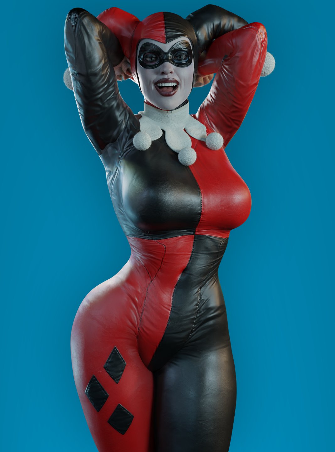 1girls, 3d, batman (series), big breasts, bodysuit, breasts, dc, dc comics, facepaint, female, female only, fully clothed, harley quinn, harley quinn (classic), harley quinn (injustice), injustice 2, simple background, skin tight, smitty34, solo, solo female, tagme, thick thighs