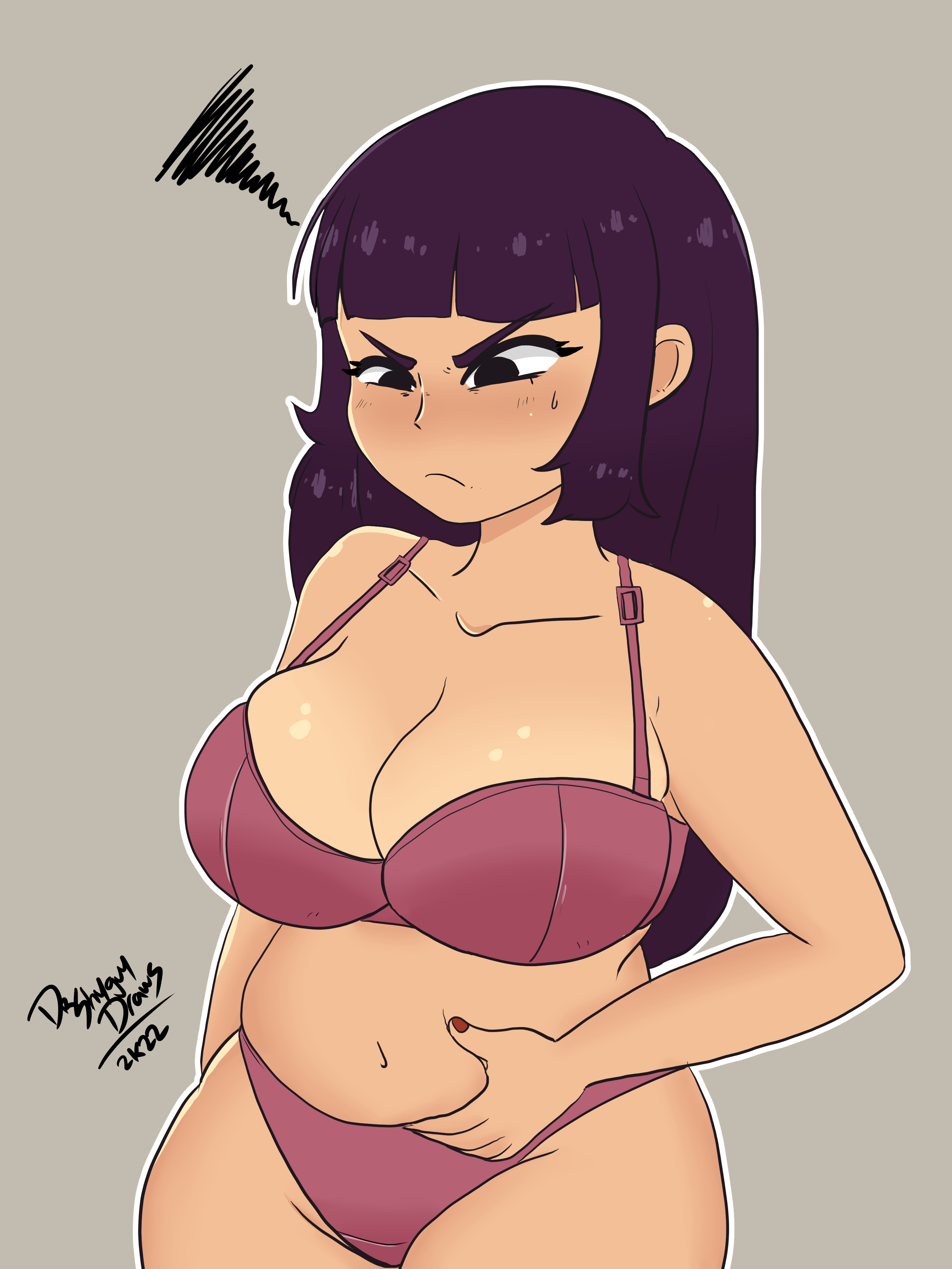 1girls, annoyed, annoyed expression, asian latina, ass too big, barely contained, barely fits, big breasts, black eyes, bra, breasts, bursting breasts, busty, chubby, chubby female, cleavage, command grab, curvy, curvy female, drshyguydraws, female, female focus, female only, front view, grabbing own belly, grabbing own stomach, imminent wardrobe malfunction, inconvenient belly, inconvenient stomach, large breasts, light skin, light-skinned female, long hair, looking down, looking down at self, original character, overflowing breasts, panties, purple hair, simple background, slightly chubby, slightly chubby female, solo, solo female, tagme, thighs, tight clothes, tight clothing, tight fit, too tight, undersized clothes, undersized clothing, underwear, voluptuous