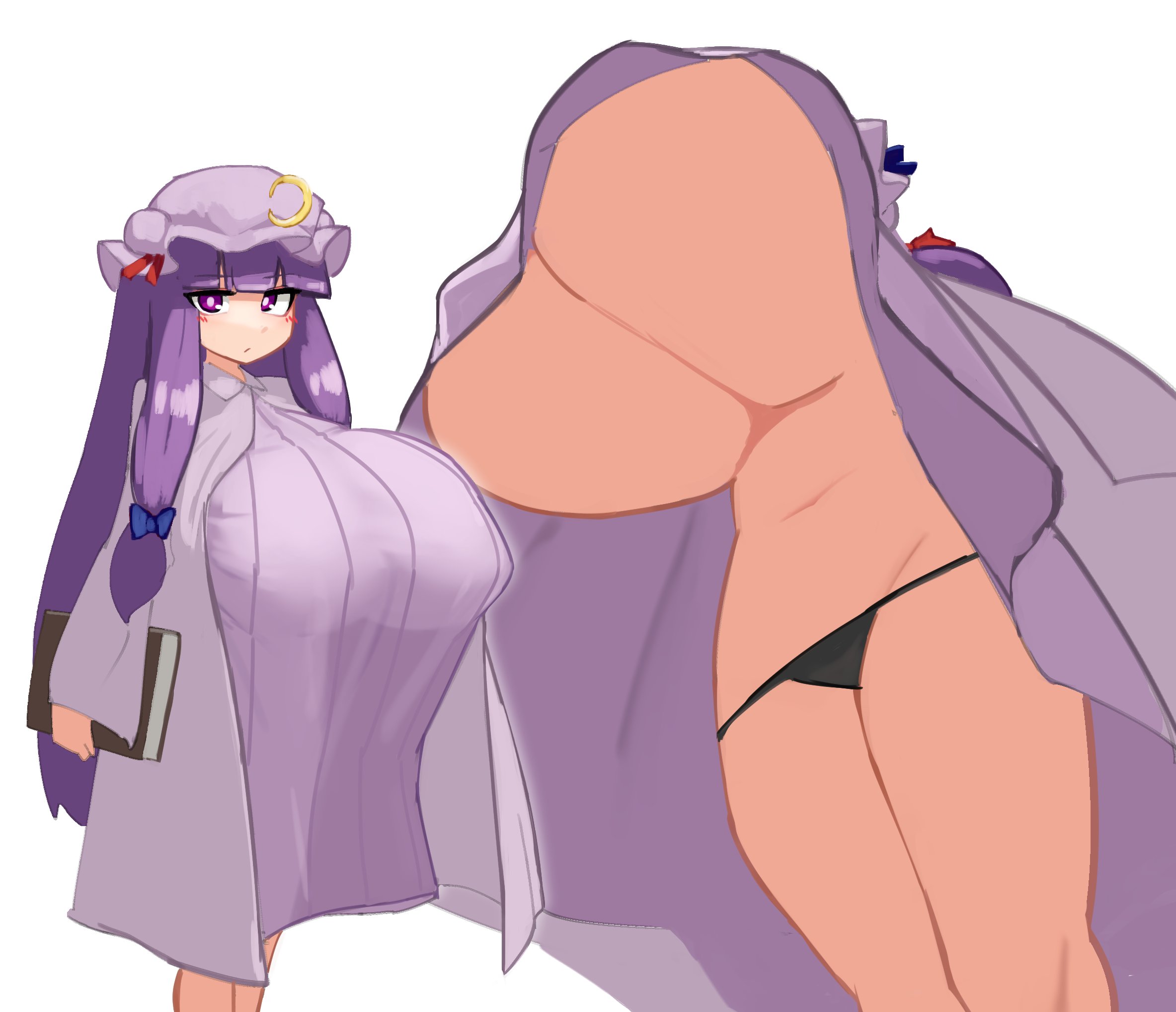 :/, bangs, big breasts, blunt bangs, blush lines, breasts, commentary request, feet out of frame, female, gigantic breasts, hat, highres, huge breasts, long hair, looking at viewer, massive breasts, multiple views, navel, panties, patchouli knowledge, purple eyes, purple hair, simple background, thighs, touhou, underboob, underwear, upshirt, white background, zakozako y