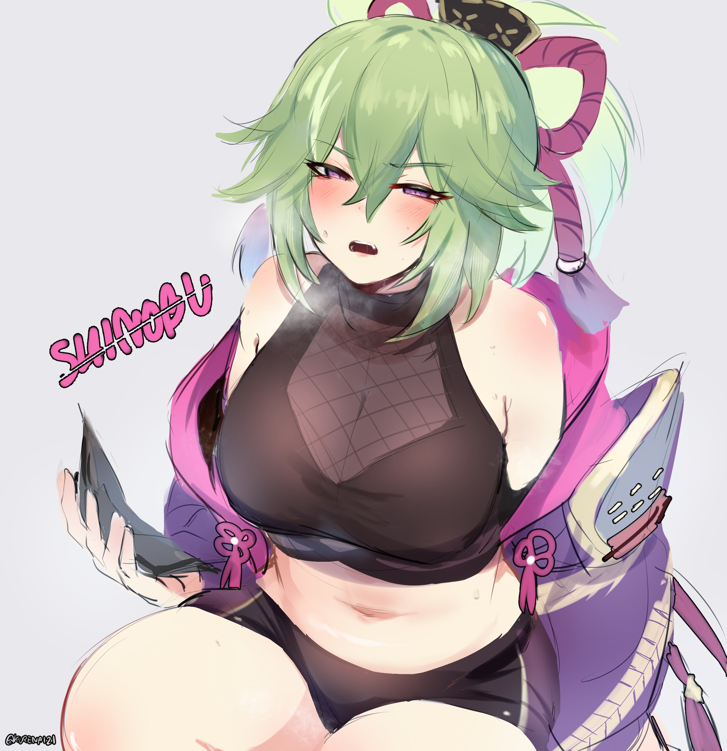 1girls, bare shoulders, belly, blush, breasts, breath, cleavage, female, female only, fishnets, genshin impact, green hair, hi res, jacket, kuki shinobu, kurenaiz1, looking at viewer, mask, midriff, navel, ninja, off shoulder, ponytail, purple eyes, shiny skin, shorts, slightly chubby, sweat, thighs together