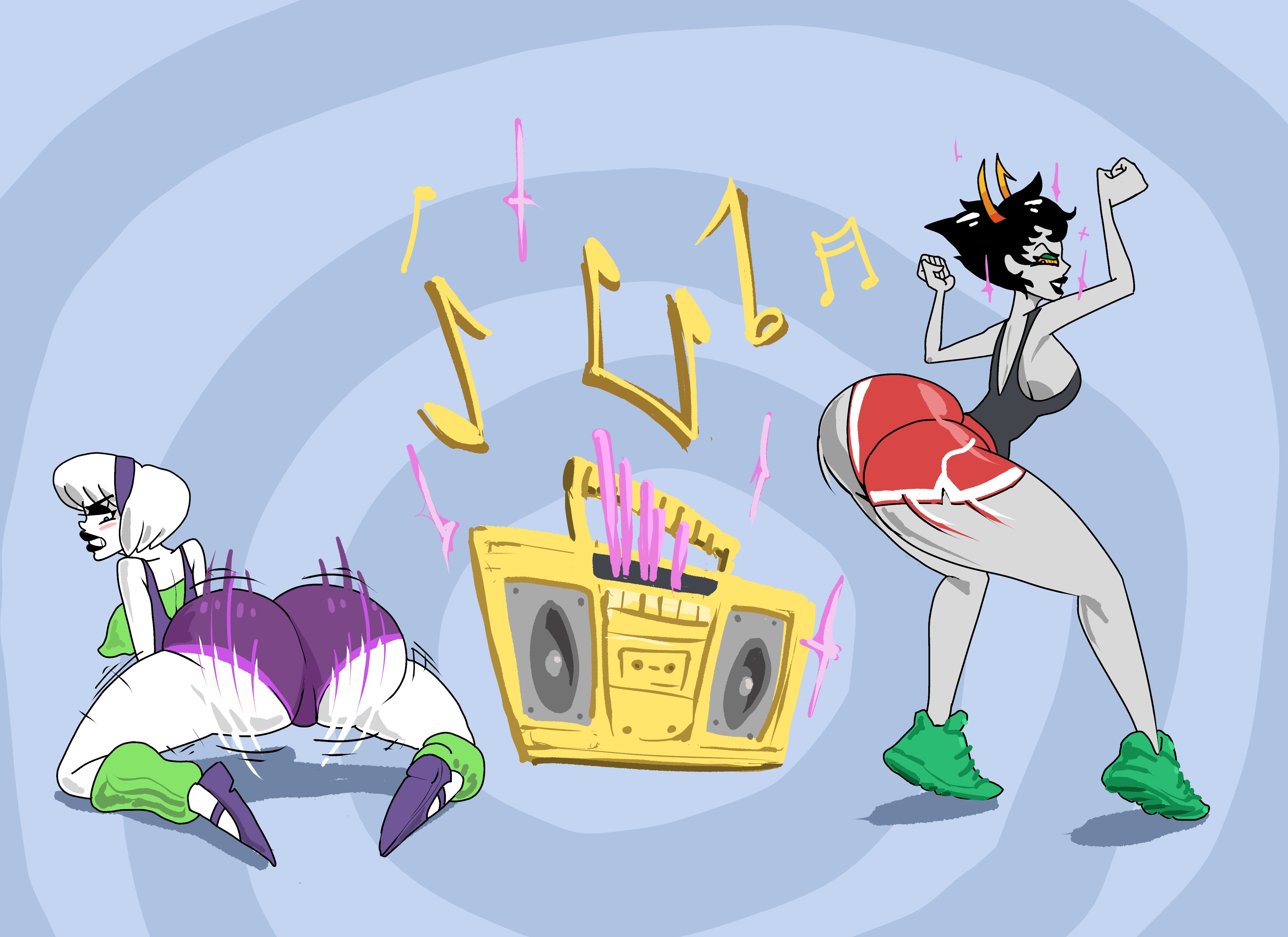 2022, 2girls, ass, ass shake, big ass, black hair, black lipstick, blue background, blush, body control, boombox, booty shorts, breasts, canon couple, female, female only, gold boombox (prevence), grey skin, hairband, homestuck, horns, kanaya maryam, leg warmers, looking back, married couple, mind control, motion lines, ms paint adventures, multiple females, multiple girls, purple eyes, putricia, rose lalonde, shaking ass, shoes, short hair, troll, twerk hypnosis, twerking, white hair, white skin, wife and wife, workout clothes, yellow eyes