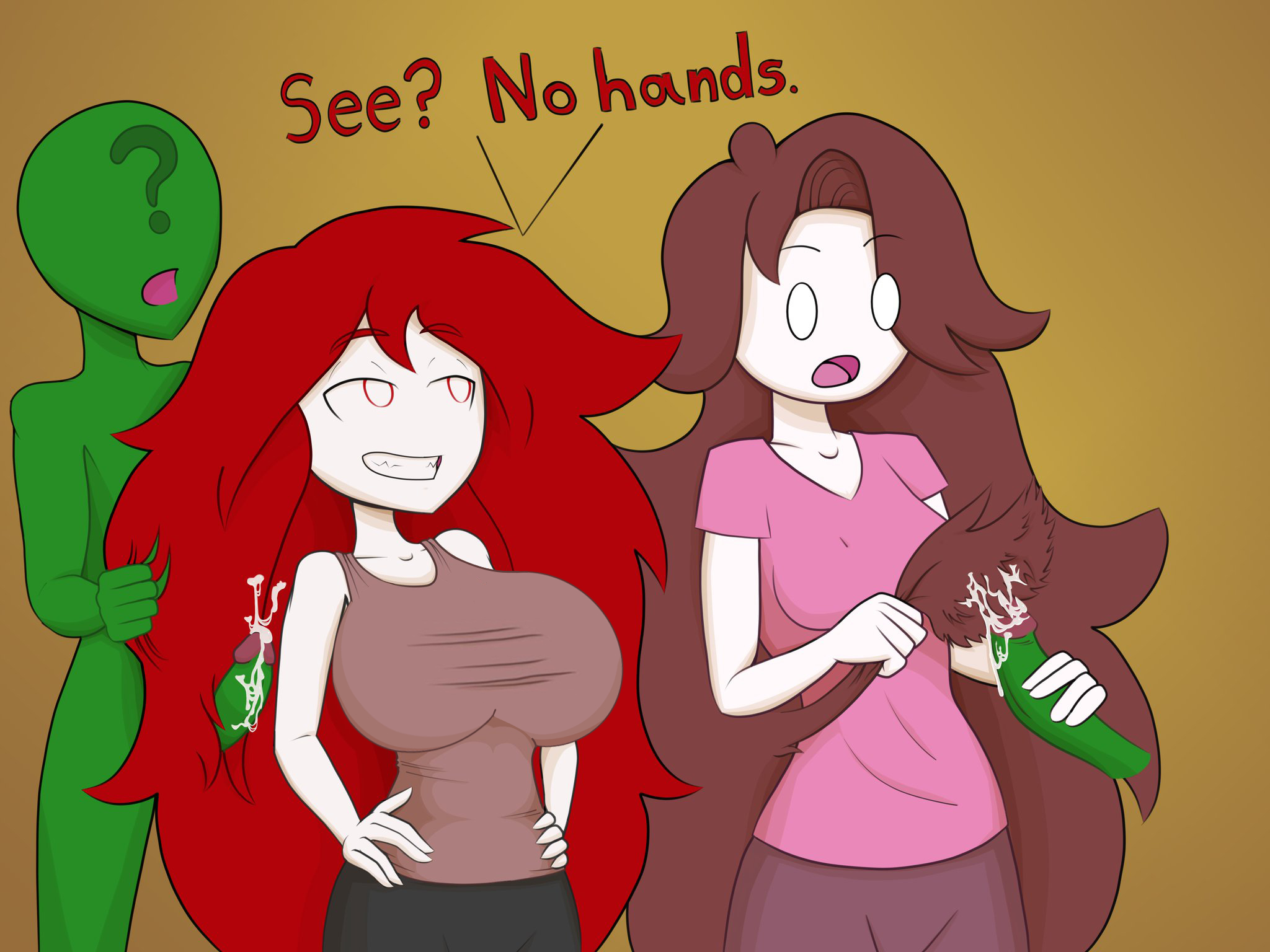 anon, big breasts, breasts, brown hair, clothing, color, cum, cum in hair, cum on hair, edit, female, fully clothed, hairjob, itzal, jaiden, jaiden animations, jaidenanimations, long hair, medium breasts, original character, overly sarcastic productions, red (overly sarcastic productions), red hair, smug, text, youtube, youtuber