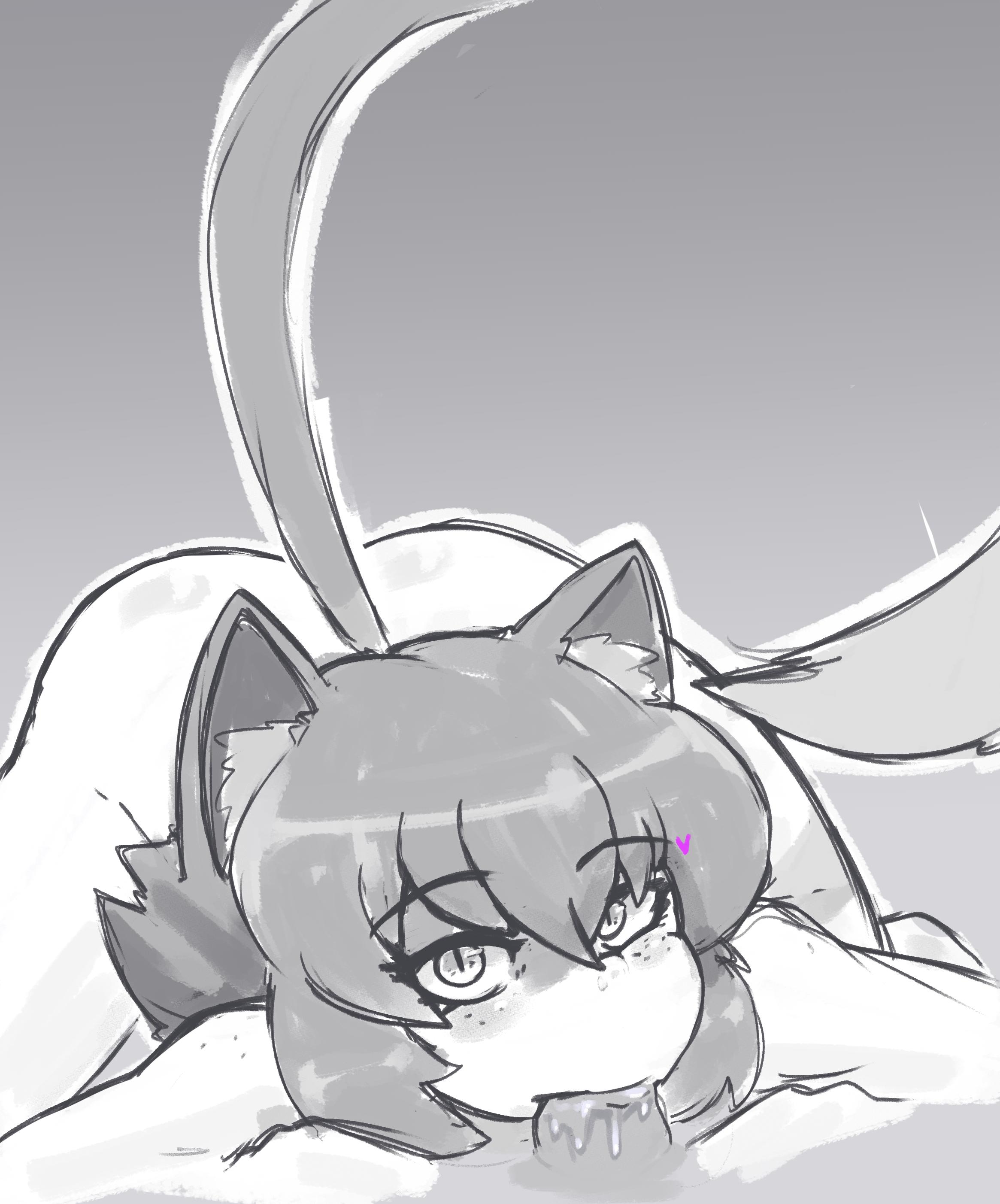 1boy, 1girls, absurdres, animal ear fluff, animal ears, ass, bangs, blush, cat ears, cat girl, cat tail, docecaedrus, eyebrows visible through hair, fellatio, female, freckles, hair between eyes, highres, looking at viewer, male, monochrome, nude, oral, original, penis, pov, solo focus, straight, tail, uncensored, xiao (docecaedrus)