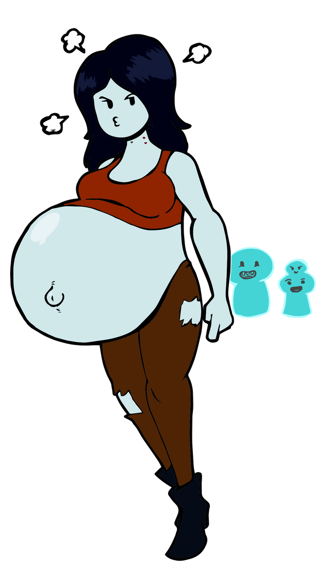 adventure_time bare_belly black_hair demon_girl ghost grey_skin hands_on_sides long_hair marceline marceline_abadeer outie_navel pale-skinned_female popped_navel pouty_lips pregnant ready_to_pop red_crop_top ripped_pants vampire vampire_bite