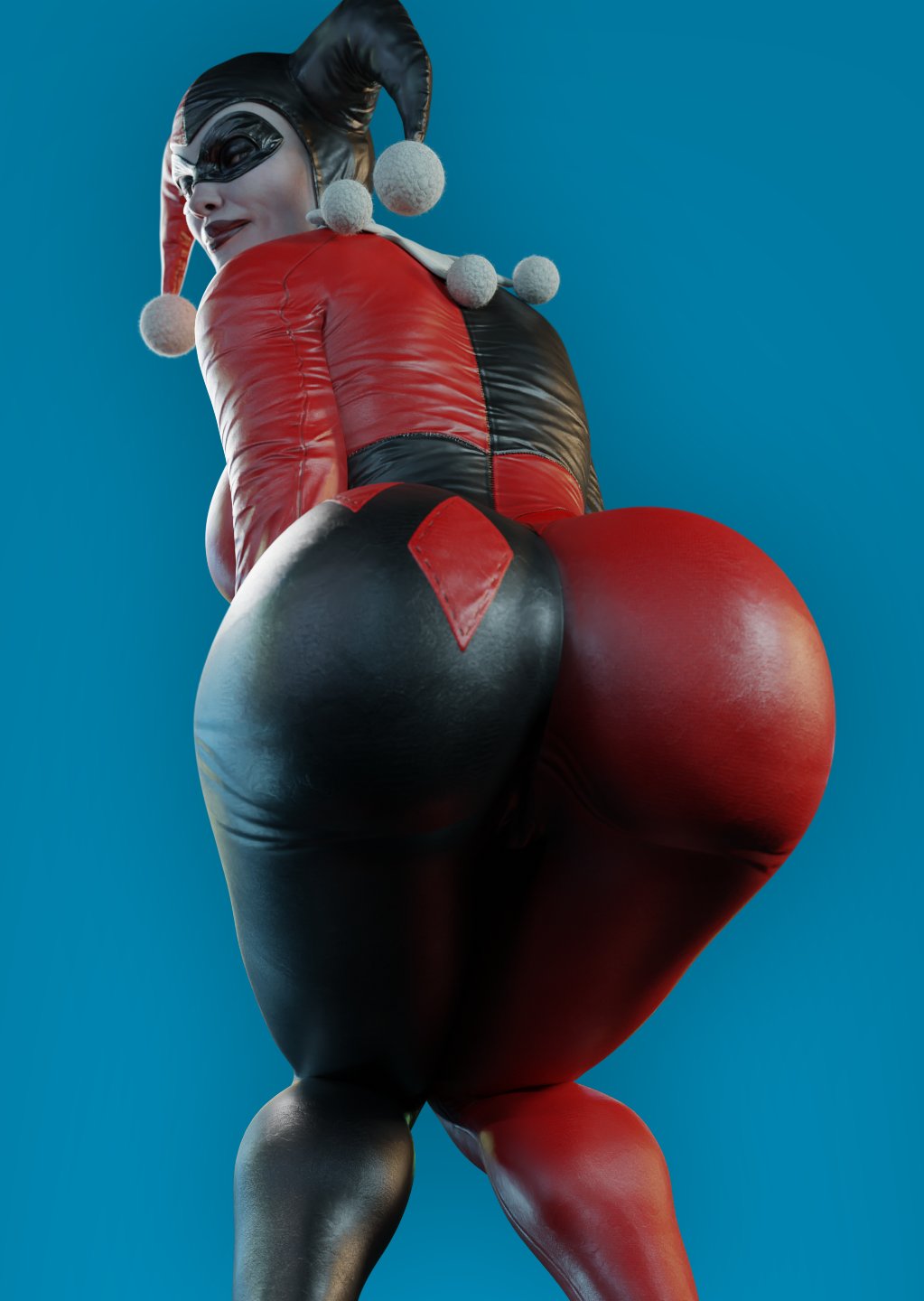 1girls, 3d, ass, batman (series), big ass, bodysuit, dc, dc comics, facepaint, female, female only, harley quinn, harley quinn (classic), harley quinn (injustice), injustice 2, simple background, skin tight, smitty34, solo, solo female, tagme, thick thighs