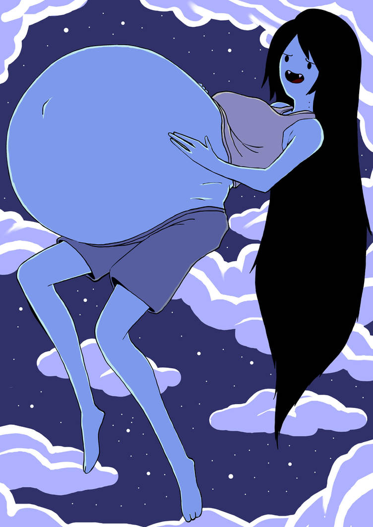 adventure_time bare_belly bare_shoulders belly_button black_hair boxers_(clothing) clouds fangs_out flying gray_bra hands_on_belly hyper_pregnancy long_hair marceline marceline_abadeer night_sky open_mouth pale-skinned_female pregnant pregnant_belly ready_to_pop stars