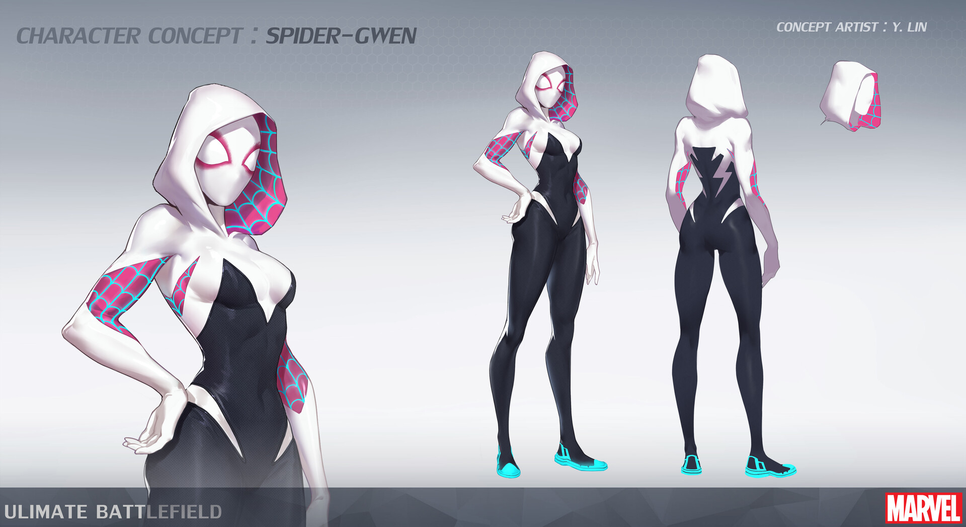 1girls, concept art, female, female only, gwen stacy, hood, human, human only, light skin, light-skinned female, marvel, marvel comics, mask, official art, solo, solo female, spandex, spider-gwen, spider-man (series), tight clothing, yu lin