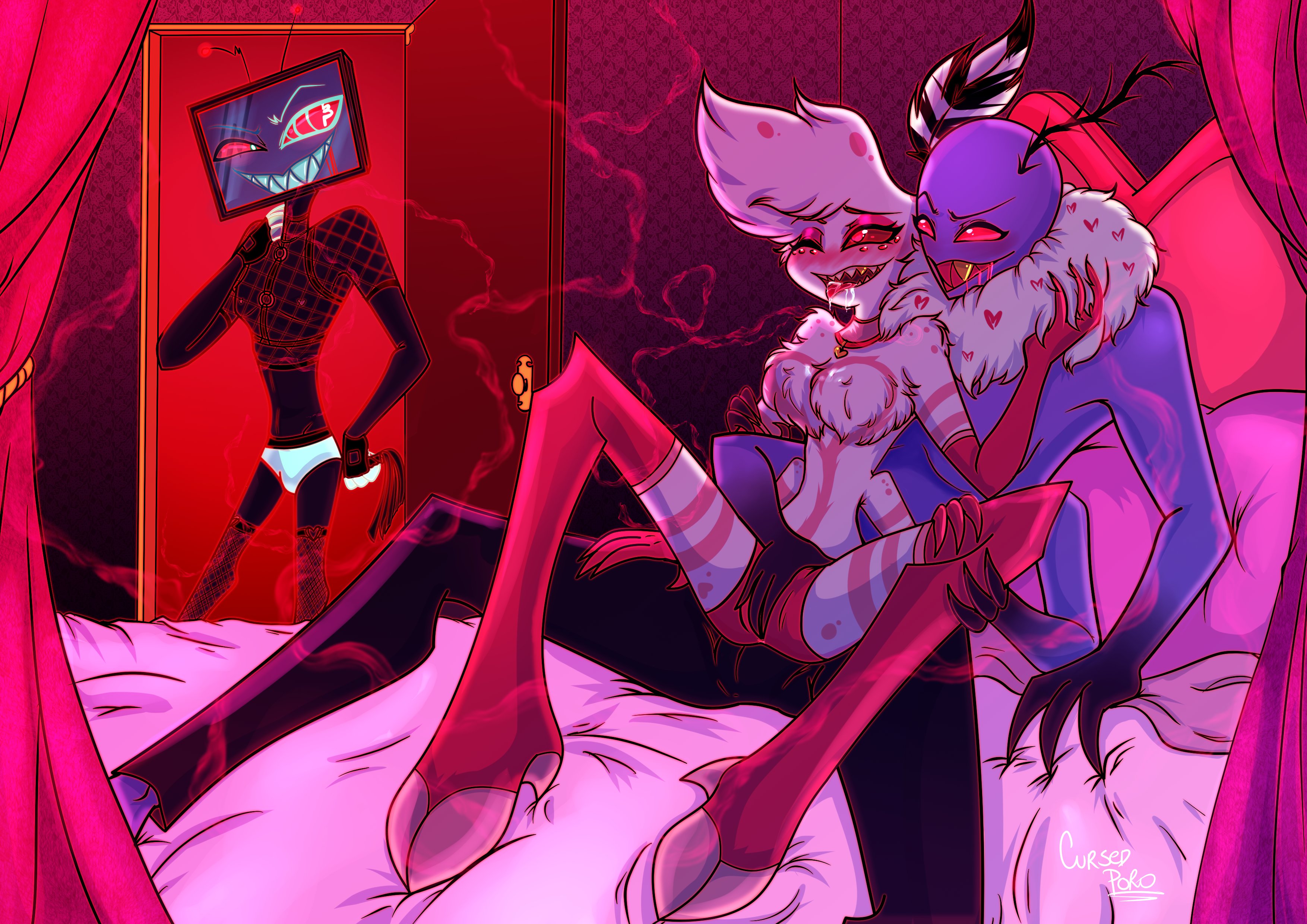 3boys, ahe gao, angel dust (hazbin hotel), arachnid, bed, blush, chest tuft, collar, demon, femboy, fishnets, gay, hazbin hotel, looking pleasured, male, male only, male/male, moth, rubbing, smoke, spider, spread legs, thighhighs, thighs, tv, valentino (hazbin hotel), vox (hazbin hotel), yaoi