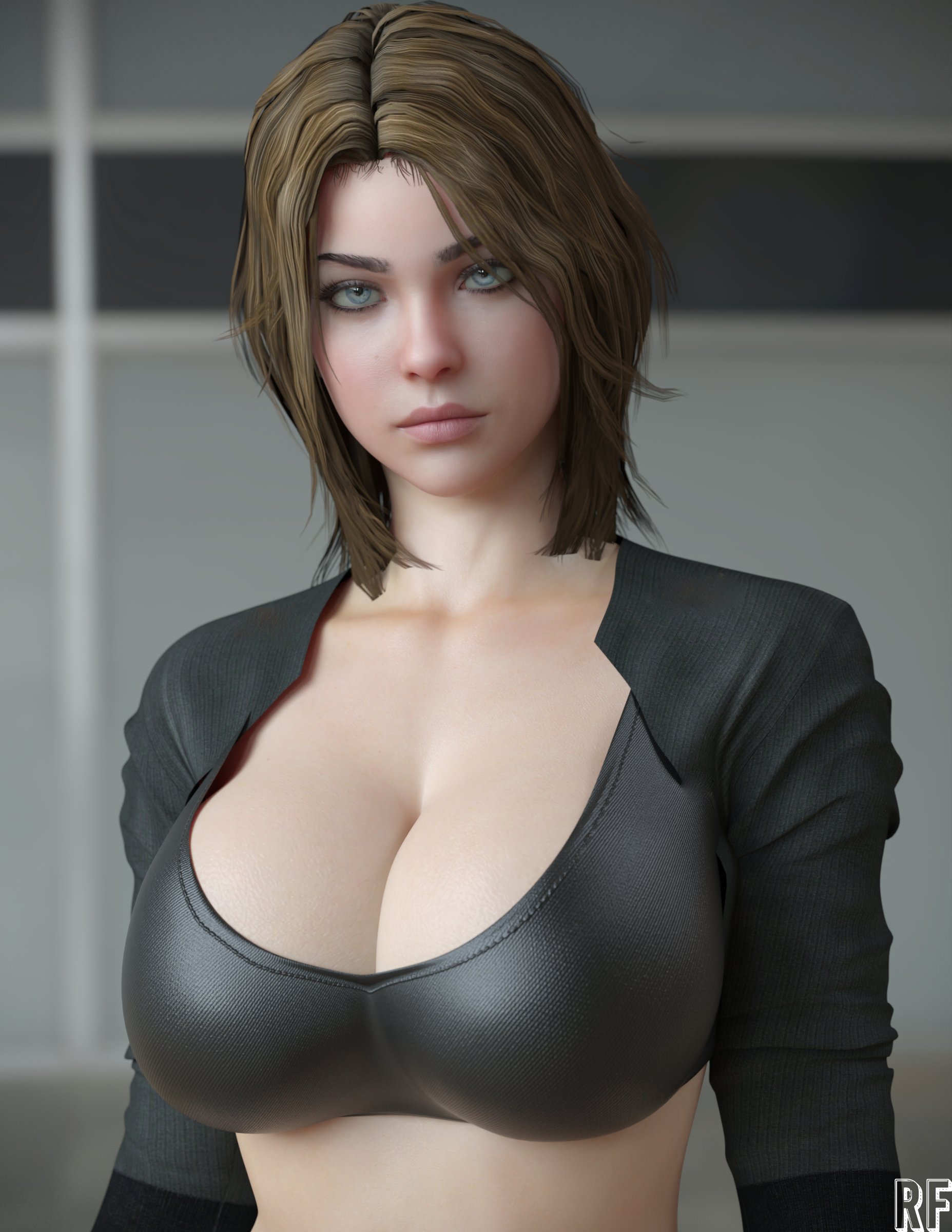 1girls, 3d, absurd res, breasts, brown hair, cleavage, female, female only, grey eyes, hi res, large breasts, looking at viewer, original, original character, rude frog, solo