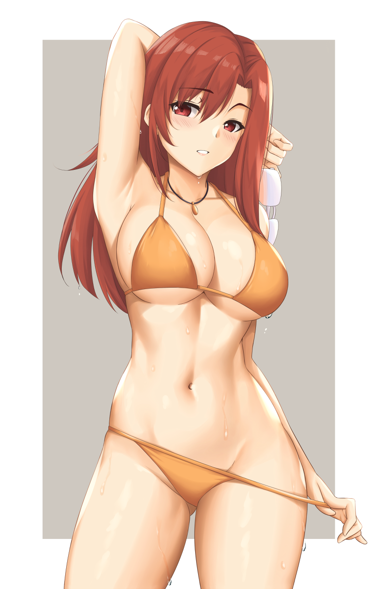 aozaki_touko arciealbano arm_up armpit big_breasts bikini bikini_pull blush cleavage female female_only hourglass_figure kara_no_kyoukai long_hair looking_at_viewer mahou_tsukai_no_yoru red_eyes red_hair solo sweat swimsuit thick_thighs type-moon underboob wet_skin wide_hips yellow_bikini