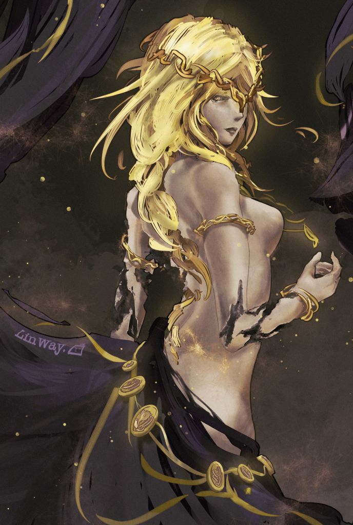 1girls, 2d, armband, ass, bare shoulders, blonde hair, bracelet, braid, breasts, circlet, elden ring, female, female only, fromsoftware, goddess, gold (metal), jewelry, linway, milf, nude, queen marika the eternal, queen marika the eternal (fractured), tasteful nudity