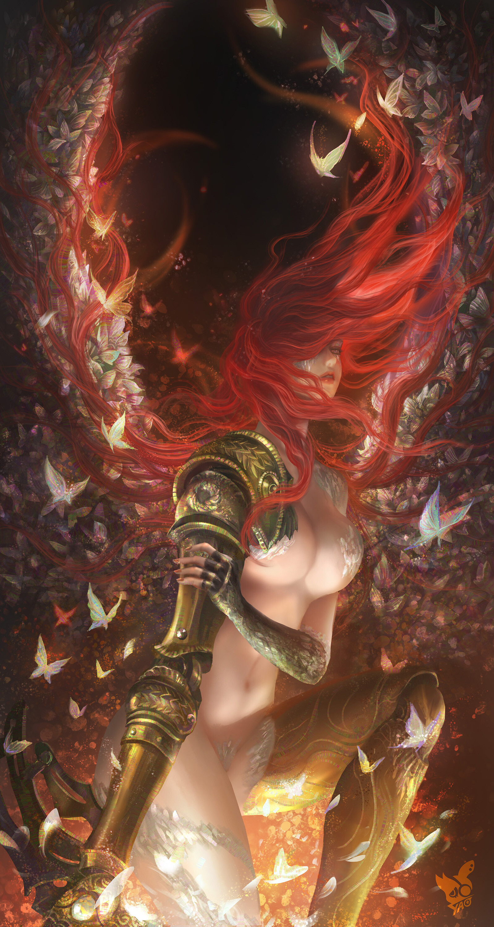1girls, 2d, abs, breasts, elden ring, female, female only, fromsoftware, light skin, light-skinned female, long hair, malenia blade of miquella, nude, painting (artwork), prosthetic arm, red hair, solo, solo focus, unknown artist, wings
