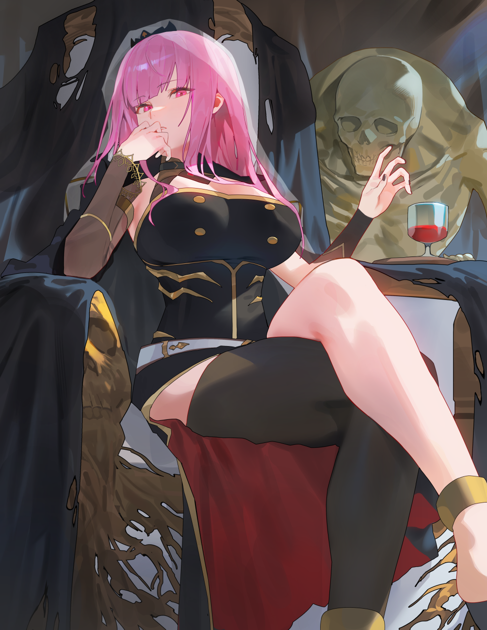 1girls belt big_breasts blunt_bangs breasts cleavage_cutout crossed_legs female hololive hololive_english hololive_myth hood_x_art looking_at_viewer mori_calliope muscle pink_eyes pink_hair sitting skeleton tagme thick_thighs throne veil virtual_youtuber vtuber waiter waiter_tray wide_hips wine wine_glass