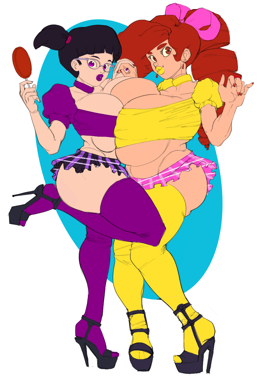 2girls audrey_page big_breasts bimbo bimbofication black_hair bubble_butt cooleyette drill_hair edited female_only glasses golden_girl holding_hands iris_lodell large_breasts looking_at_viewer nail_polish purple_lipstick red_hair sidney_anders the_developing_adventures_of_golden_girl thick_thighs twintails vaaan van_(artist) vannn yellow_lipstick