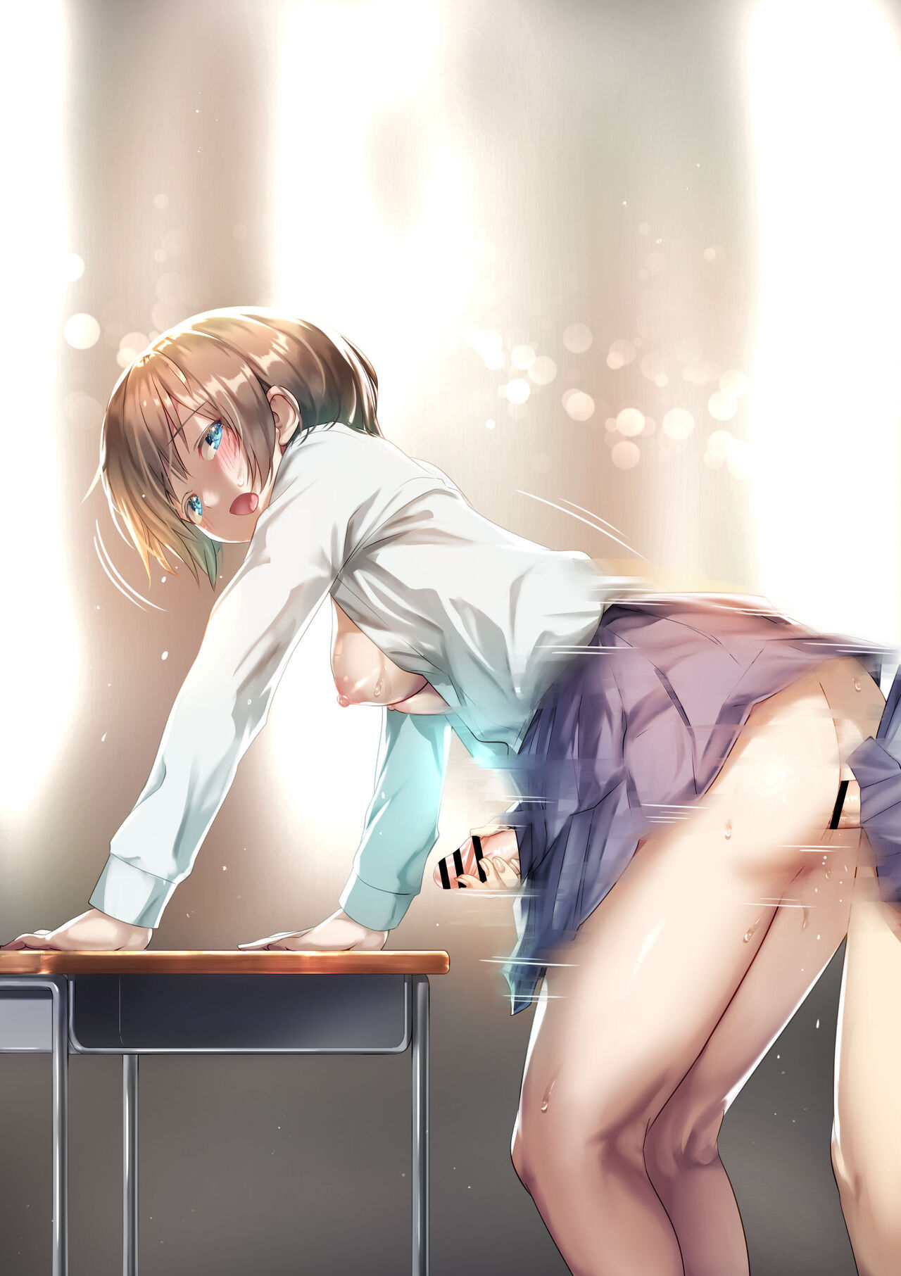 2futas, ass, ayanakitori, bar censor, bent over, blush, breasts, breasts outside, brown hair, censored, clothed, clothing, doggy style, erection, female, futa on futa, futa only, futanari, handjob, handjob while penetrating, human, intersex, light skin, light-skinned futa, mostly clothed, penetration, penis, penis grab, pussy, reach around, school desk, school uniform, schoolgirl, short hair, skirt, solo focus, standing, vaginal penetration