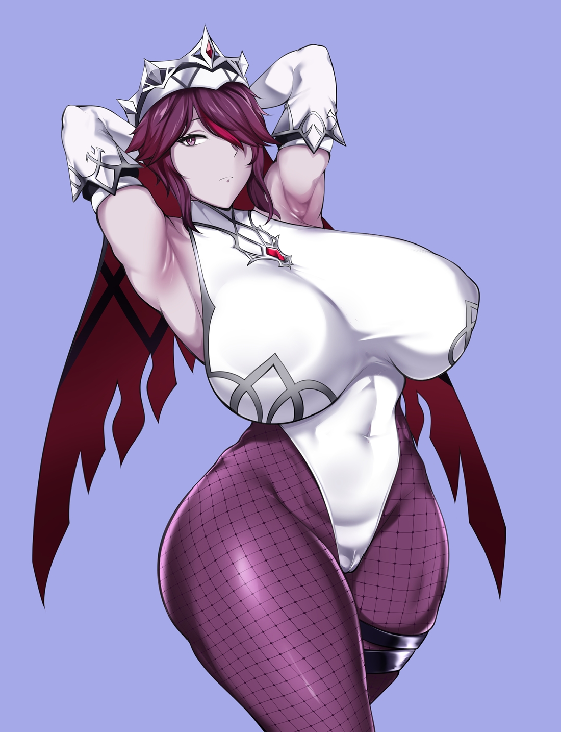 1girls, 2022, armpits, arms behind head, arms up, breasts, female, female only, genshin impact, highleg leotard, hips, huge breasts, leggings, leotard, light skin, light-skinned female, looking at viewer, nun, nun's habit, owner (artist), pale skin, pale-skinned female, purple hair, red eyes, red hair, rosaria (genshin impact), short hair, simple background, slim waist, thick thighs, thighs, tights, wide hips