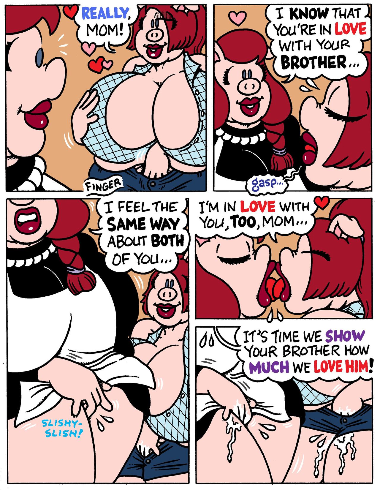 anthro big_breasts bodily_fluids breasts cleavage clothed clothing comic daughter dexter_cockburn domestic_pig duo english_text female female/female french_kissing genital_fluids hi_res huge_breasts imminent_sex incest kissing making_out mammal masturbation mother mother_and_child mother_and_daughter parent parent_and_child pussy_juice suid suina sus_(pig) text vaginal_masturbation vaginal_penetration