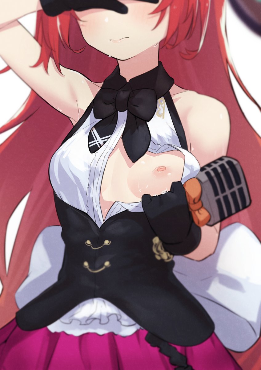 1girls areolae background bare_shoulders breasts dress female female_only gloves lishenna_(shadowverse) lishenna_omen_of_destruction long_hair microphone morisobo nervous nipples one_breast_out open_shirt red_hair ribbon shadowverse shirt skirt small_breasts solo standing sweat upper_body white