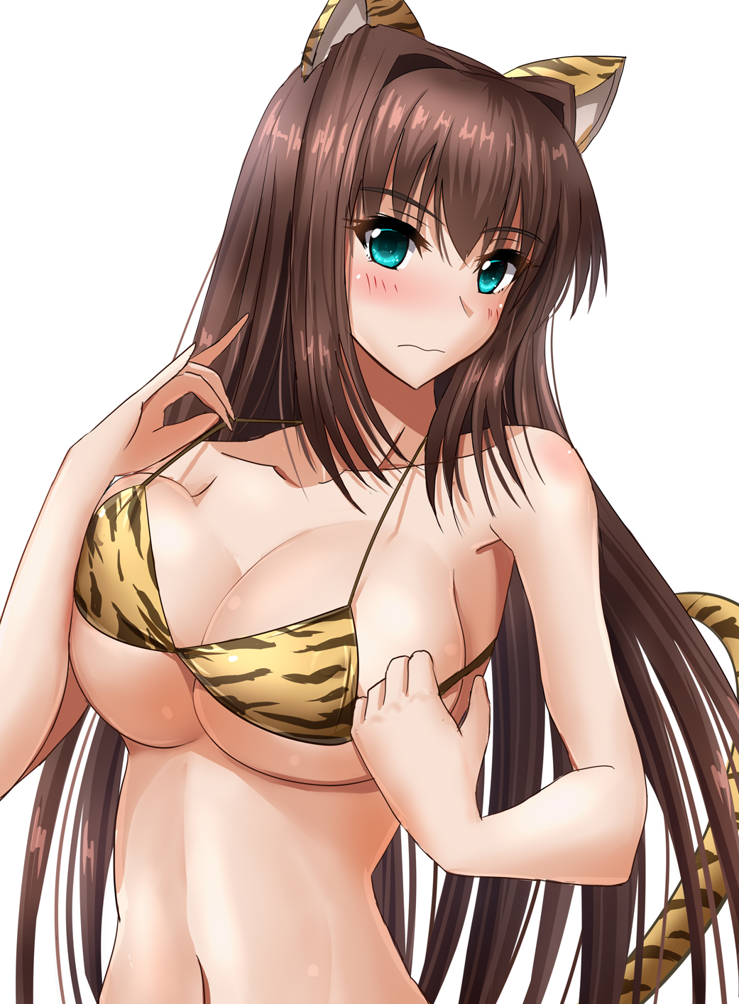 aozaki_aoko aqua_eyes big_breasts bikini bikini_pull blue_eyes blush brown_hair cleavage female female_only hair_intakes long_hair looking_at_viewer mahou_tsukai_no_yoru solo tiger_ears tiger_print tiger_tail tsukihime type-moon year_of_the_tiger yuuk33