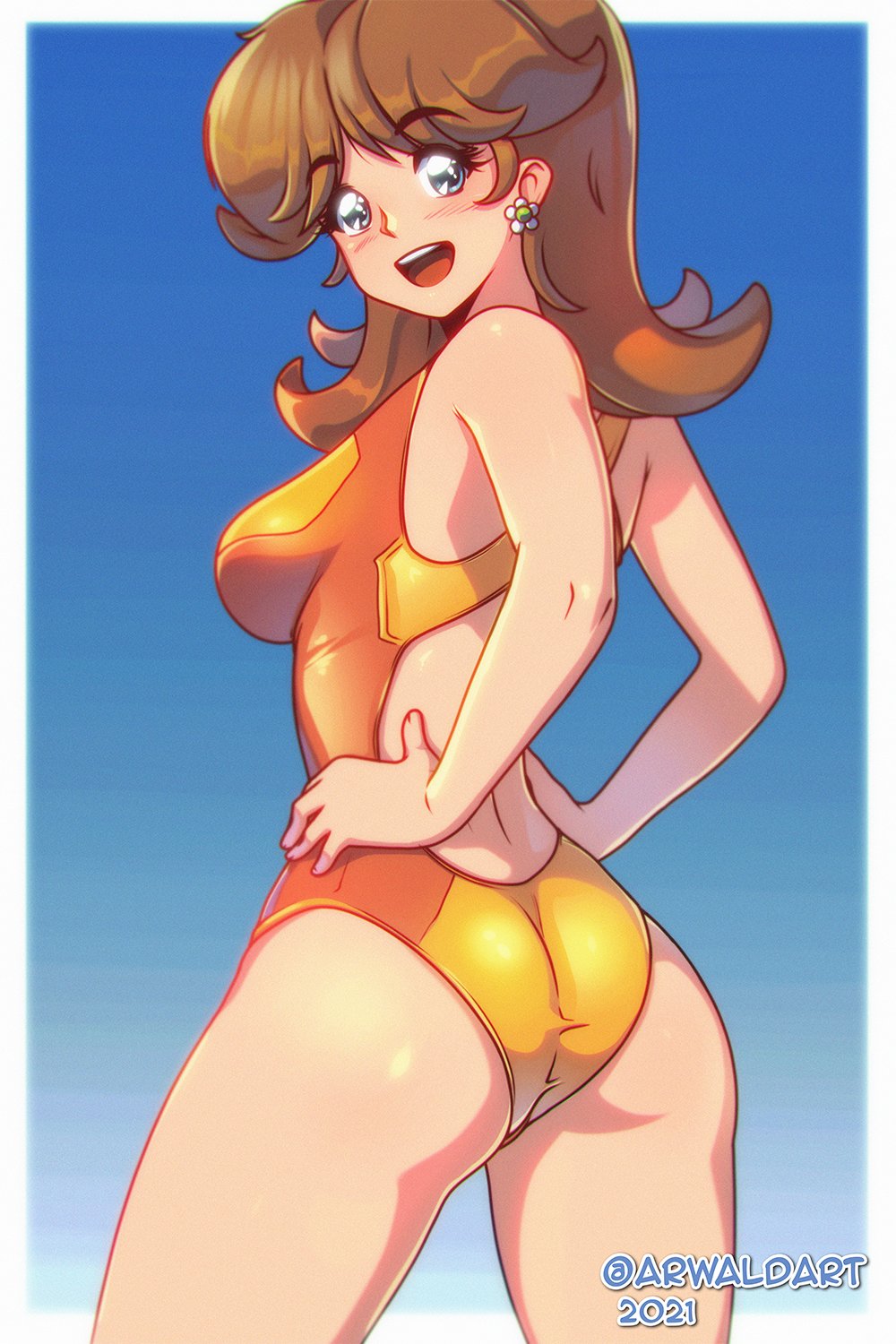 alternate_costume arwald ass female mario_(series) mario_and_sonic_at_the_olympic_games nintendo princess_daisy sideboob solo swimsuit tagme