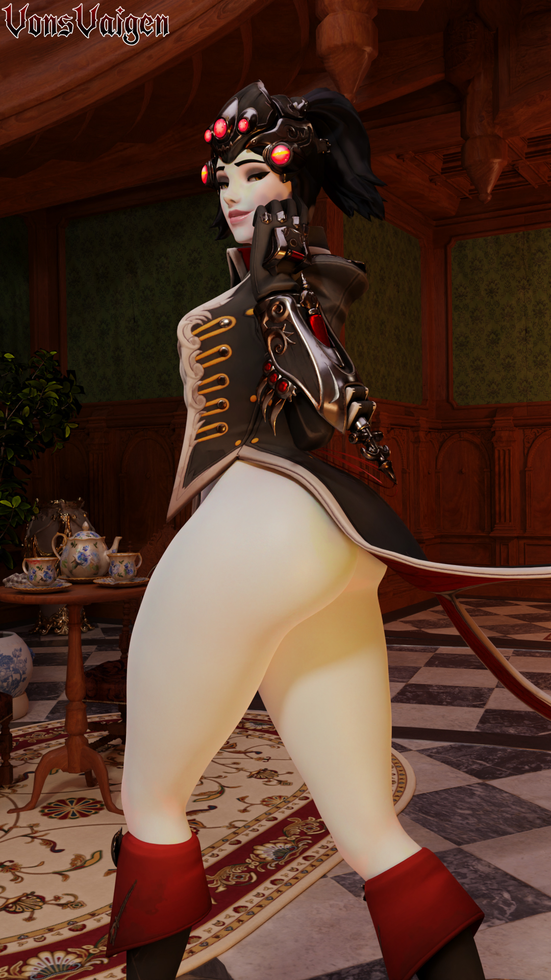 1girls, 3d, alternate costume, amelie lacroix, ass, big ass, coat, female, female only, fully clothed, huntress widowmaker, light skin, light-skinned female, looking at viewer, looking back, official alternate costume, overwatch, overwatch 2, pale skin, pale-skinned female, solo, thick thighs, vonsvaigen, widowmaker