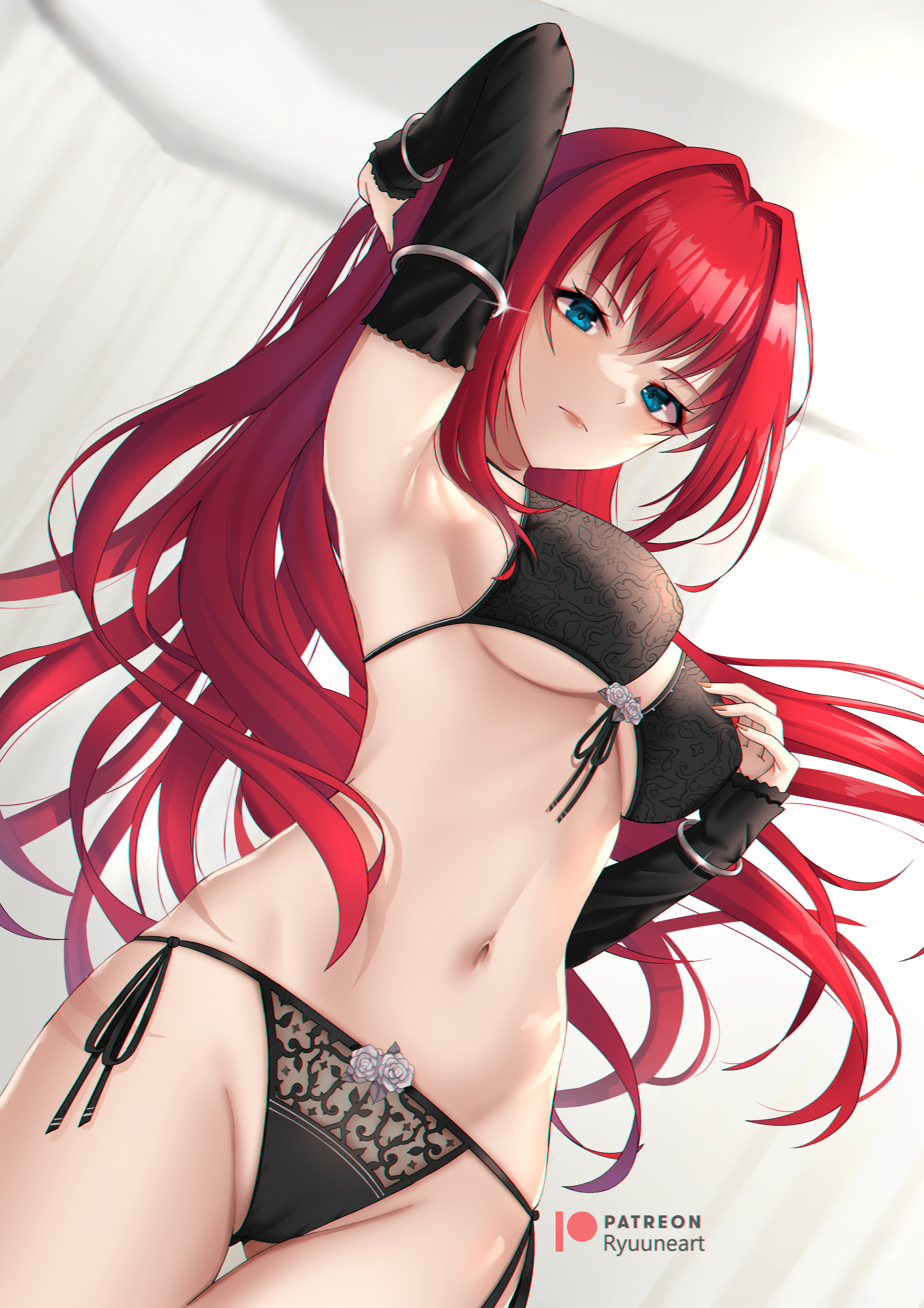 alternate version available, aozaki aoko, armband, armpit, big breasts, black bra, black panties, blue eyes, bra, bracelets, breasts, cameltoe, detached sleeves, female, female only, frown, hair intakes, jewelry, lingerie, long hair, looking at viewer, low-angle view, mahou tsukai no yoru, melty blood, panties, pussy, red hair, ryuuneart, side-tie panties, solo, thigh gap, tsukihime, type-moon, underboob