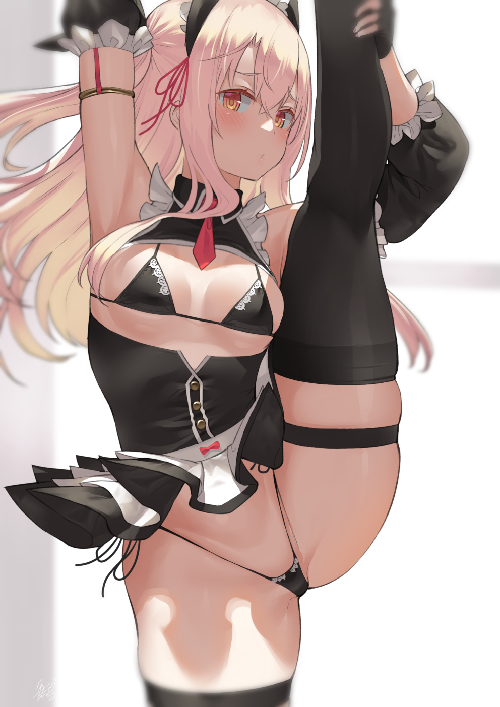 1girls, 2022, bikini, black panties, blonde hair, breasts, fate (series), fate/grand order, fate/kaleid liner prisma illya, female, female only, flexible, illyasviel von einzbern, long hair, maid, maid bikini, maid headdress, maid outfit, panties, petite, red eyes, simple background, skindentation, slim waist, small breasts, standing split, thick thighs, thigh strap, thighhighs, thighs, uo denim