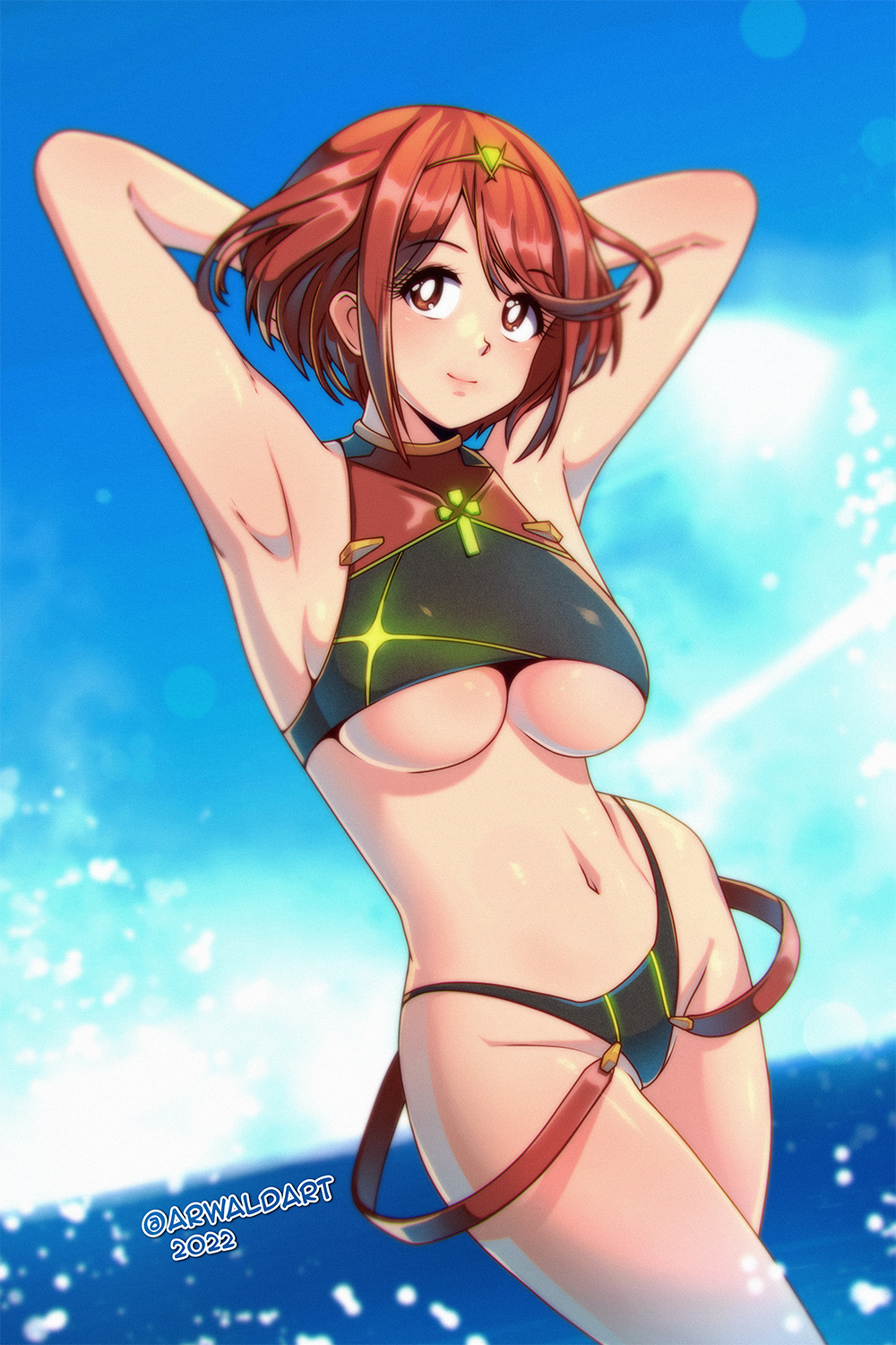 1girls alternate_costume armpits arwald breasts female nintendo outdoors outside pyra solo swimsuit tagme xenoblade_(series) xenoblade_chronicles_2