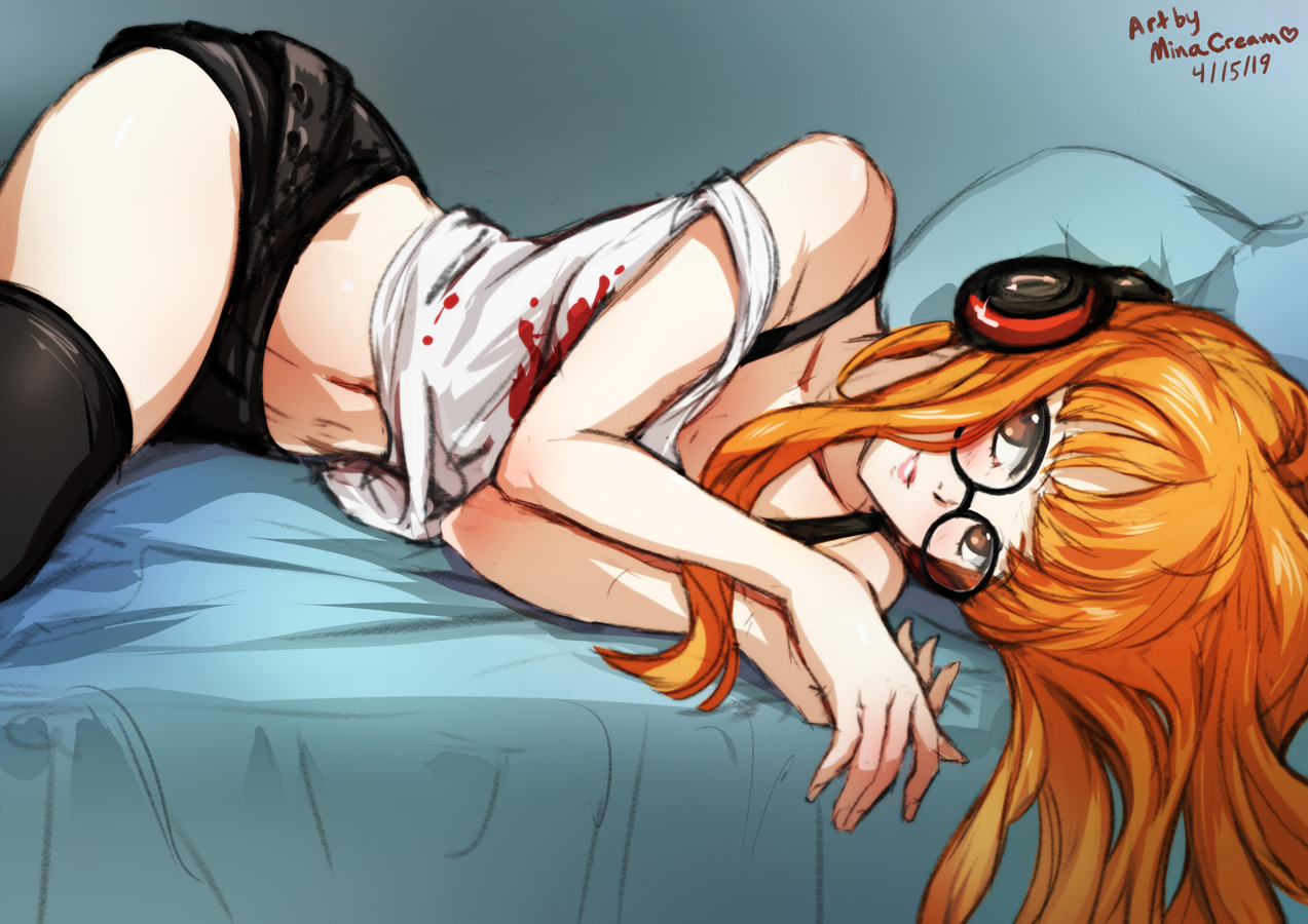 1girls, bed, belly button, brown eyes, clothed, female, fully clothed, glasses, headset, lying, lying on bed, lying on side, minacream, persona, persona 5, red hair, sakura futaba, shorts, shoulders, thighhighs, tummy, wholesome