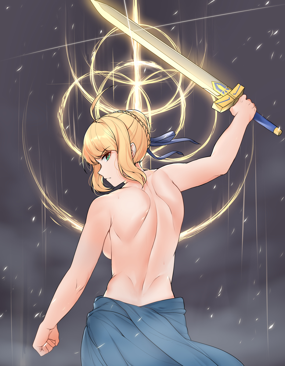 1girls 2d artoria_pendragon bare_back bare_shoulders blonde_hair breasts crossover elden_ring fate/stay_night fate_(series) female female_only fromsoftware green_eyes kaicchi looking_back muscular nude saber solo solo_female sword topless