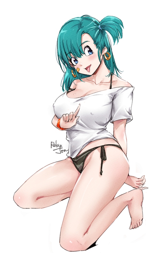 1girls bandaid_on_face bare_shoulders barefoot black_panties blue_eyes breasts bulma bulma_briefs collarbone covered_erect_nipples dragon_ball dragon_ball_(classic) earrings eyebrows_visible_through_hair female female_only full_body hair_between_eyes jewelry large_breasts long_hair off-shoulder_shirt off_shoulder one_side_up open_mouth panties relaxjon shirt short_sleeves simple_background sitting solo teal_hair teenage_bulma teenage_girl teenager tongue tongue_out underwear white_background white_shirt