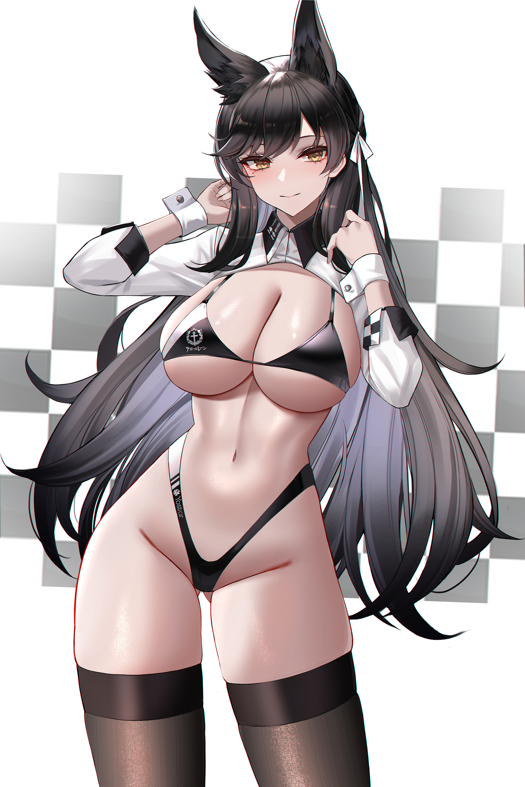 1girls, animal ears, atago (azur lane), atago (stunning speedster) (azur lane), azur lane, bangs, bikini, black bikini, black hair, black legwear, blush, breasts, eternity (shadeh), female, female only, highleg bikini, highres, large breasts, light skin, light-skinned female, long hair, looking at viewer, mole under eye, navel, official alternate costume, race queen, ribbon, sakura empire (azur lane), smile, solo, swept bangs, swimsuit, thighhighs, thighs, white ribbon, wrist cuffs