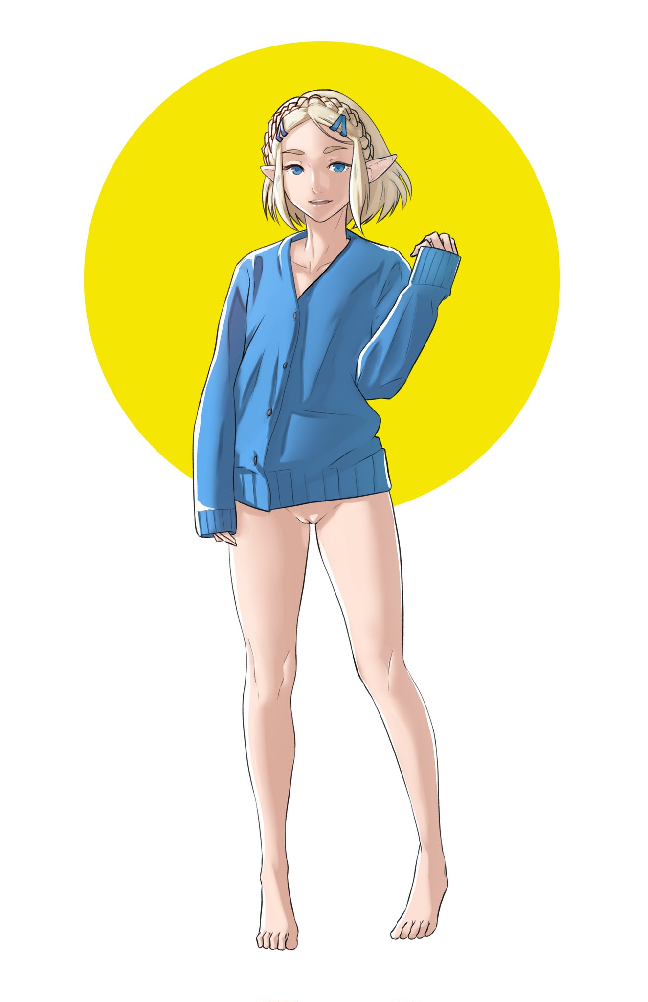 1girls, bare legs, blonde hair, blue shirt, bottomless, braid, collarbone, crown braid, english commentary, female, female only, full body, green eyes, hair ornament, hairclip, hand up, highres, light smile, open mouth, parted bangs, pomelomelon, princess zelda, pussy, shirt, short hair, sleeves past wrists, solo, tears of the kingdom, the legend of zelda, toes, two-tone background, uncensored, white background, yellow background, zelda (tears of the kingdom)