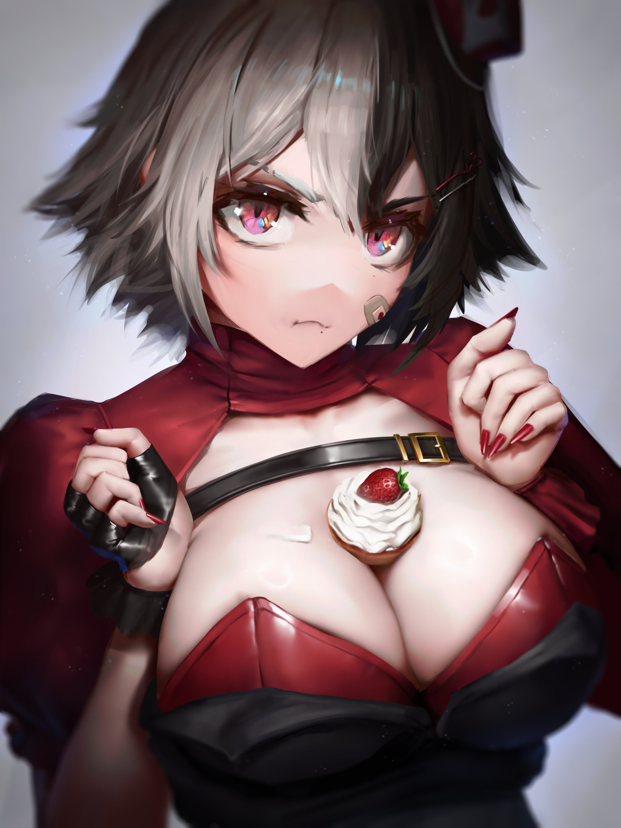 1girls, bandaid, bandaid on cheek, bangs, bare shoulders, black hair, black nails, blurry, breasts, cake, candy, chocolate, cleavage, closed mouth, cupcake, eyebrows visible through hair, female, fingerless gloves, food, fork, fruit, gloves, grey hair, hair ornament, hairclip, hands up, hat, holding food, large breasts, long nails, looking at viewer, mini hat, momotexx (vtuber), nail polish, numanoan, red eyes, red nails, short hair, solo, strapless, strawberry, tagme, two-tone hair, upper body, virtual youtuber, vyugen