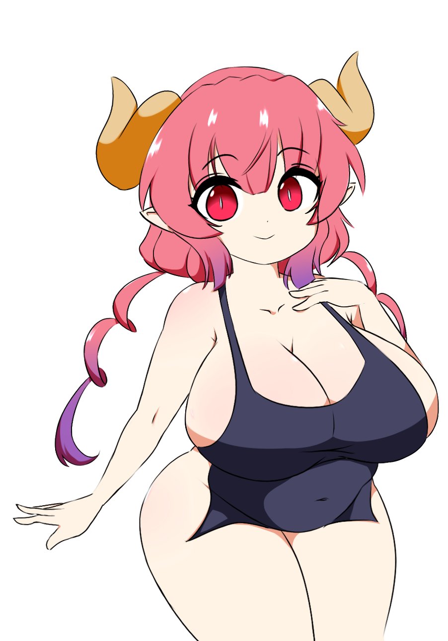 1girls apron breasts dragon_girl dragon_horns female frown gradient gradient_hair hidden-cat horns ilulu_(dragon_maid) large_breasts long_hair looking_at_viewer low_twintails miss_kobayashi's_dragon_maid naked_apron purple_hair red_eyes red_hair shortstack simple_background slit_pupils smile solo twintails two_tone_hair white_background