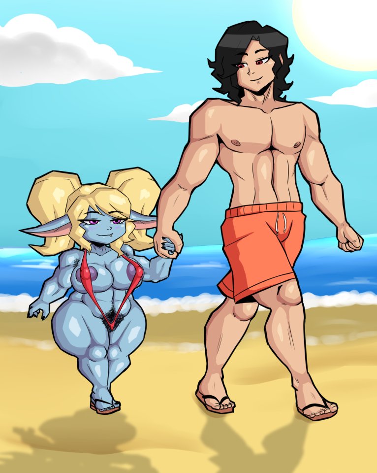 1boy 1girls anotherrider beach big_breasts blue_fur feet female g-string hairy_pussy hand_holding huge_areolae huge_breasts huge_nipples league_of_legends male muscular_female muscular_male poppy sandals shortstack smug_face swimsuit twintails yordle