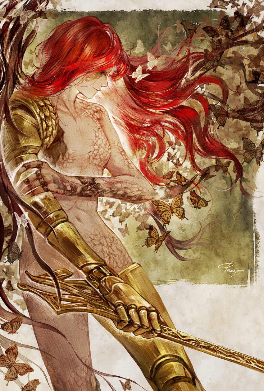 1girls, 2d, elden ring, female, female only, fromsoftware, light skin, light-skinned female, long hair, malenia blade of miquella, nude, nude female, pearjarrr, prosthetic arm, red hair, solo, solo female