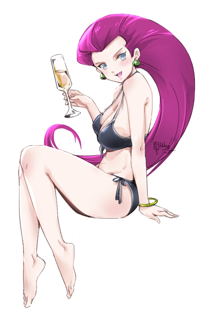 1girls, alternate costume, barefoot, bikini, black bikini, blue eyes, blush, bracelet, breasts, champagne flute, cleavage, commentary request, creatures (company), cup, drinking glass, earrings, female, game freak, hand up, holding, invisible chair, jessie (pokemon), jewelry, liquid, long hair, nintendo, open mouth, pink hair, pink-haired female, pokemon, pokemon (anime), purple hair, relaxjon, side-tie bikini, signature, simple background, sitting, smile, solo, swimsuit, team rocket, toes, tongue, white background