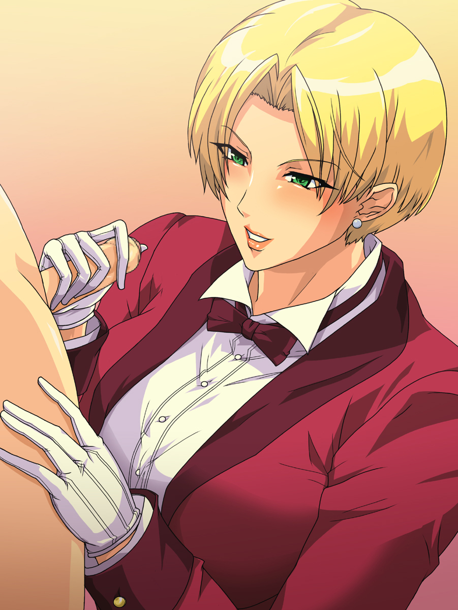 1boy 1boy1girl 1girls 2d 2d_(artwork) art_of_fighting blonde_female blonde_hair blonde_hair_female blush bowtie clothed clothed_female_nude_male color earrings erection female female_focus foreskin gloved_handjob gloves green_eyes grin gureko_rouman hand_on_thigh handjob intact king_(snk) king_of_fighters light-skinned_female light-skinned_male light_skin male/female offscreen_male partially_retracted_foreskin penis shaved_crotch short_hair small_penis small_penis_adoration smile smooth_penis snk suit tuxedo uncut unseen_male_face very_short_hair video_game_character video_game_franchise white_gloves