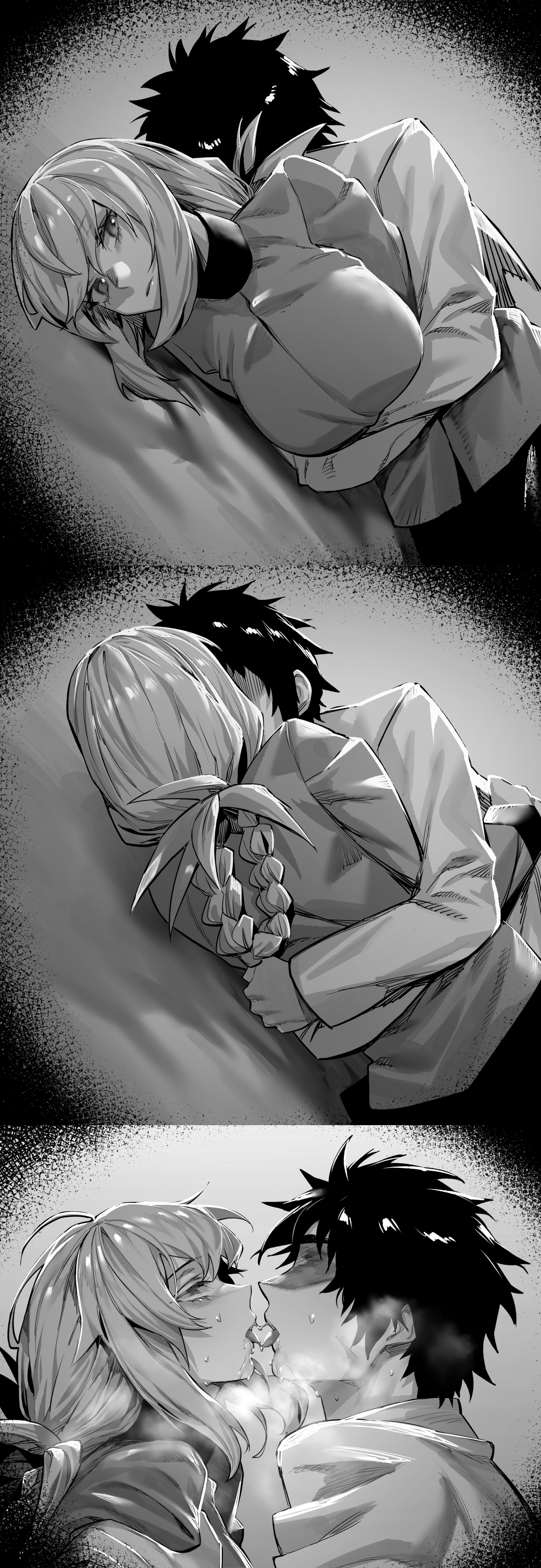 1boy, 1girls, absurdres, blush, braid, breasts, fate (series), fate/grand order, female, florence nightingale (fate), folded ponytail, french kiss, fujimaru ritsuka (male), greyscale, highres, hug, hugging from behind, hxd, kissing, licking, long hair, looking at another, male, monochrome, on bed, on side, saliva, sequential, sweat