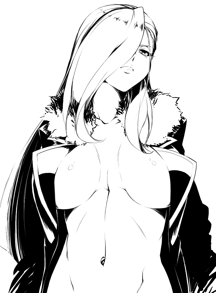 breasts, center opening, female, from below, fullmetal alchemist, greyscale, hair over one eye, hyouju issei, large breasts, lips, long hair, monochrome, navel, olivier mira armstrong, open clothes, simple background, solo, upper body, white background