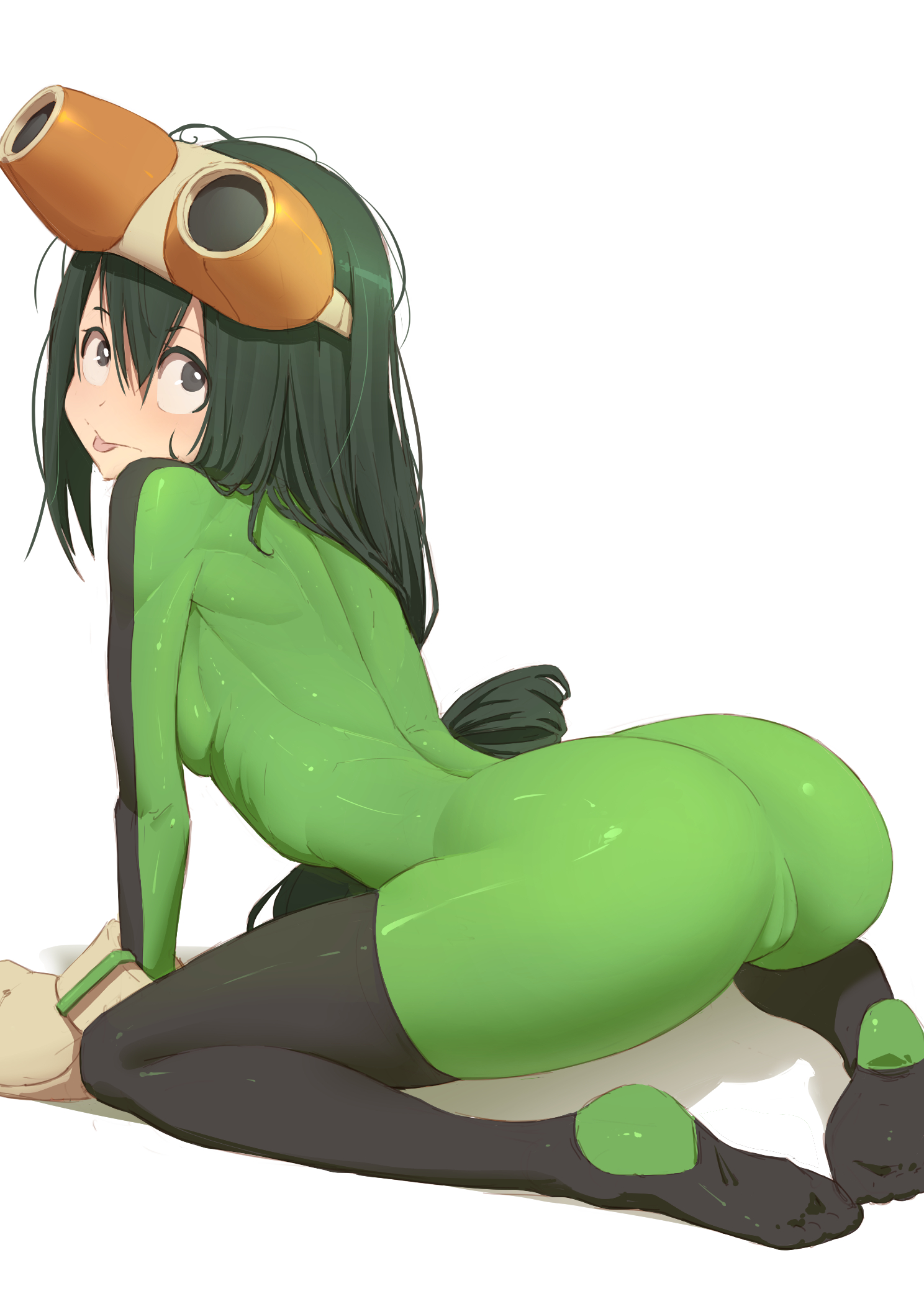 1girls, ass, big ass, bodysuit, breasts, cameltoe, eye contact, feet, female, female focus, female only, green hair, hero outfit (mha), kuroneko pantsu, looking at viewer, my hero academia, pussy, skin tight, skindentation, solo, solo female, thick thighs, tsuyu asui