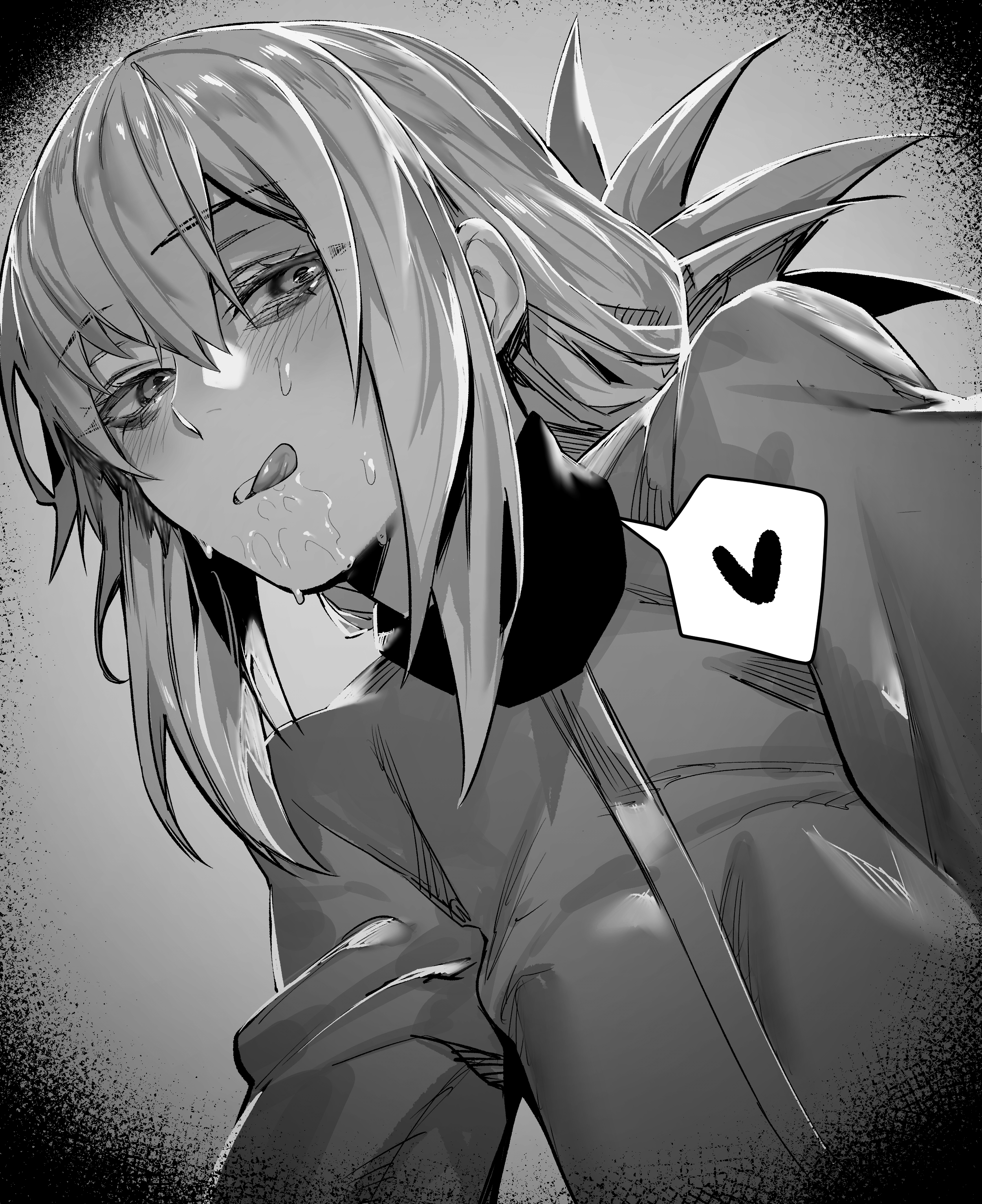 1girls, absurdres, blush, fate (series), fate/grand order, female, female focus, florence nightingale (fate), greyscale, highres, hxd, looking at viewer, monochrome, saliva, spoken heart, tied hair, tongue, tongue out, upper body
