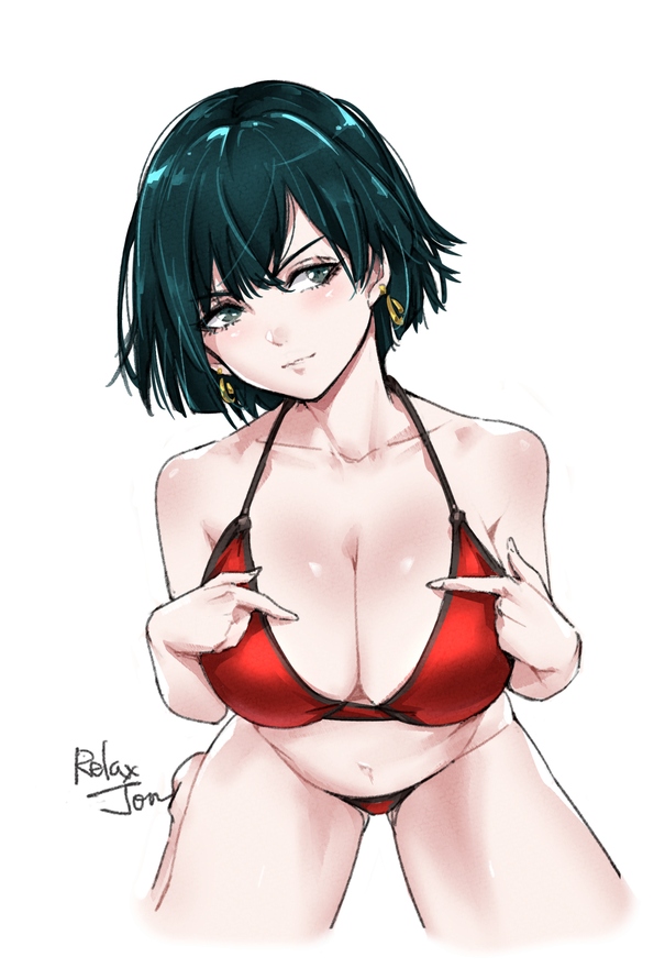1girls, artist name, bare shoulders, barefoot, bikini, breasts, cleavage, collarbone, cropped legs, earrings, female, fubuki (one-punch man), green eyes, green hair, green-haired female, jewelry, large breasts, navel, one-punch man, red bikini, relaxjon, seiza, short hair, simple background, sitting, smile, solo, swimsuit, white background
