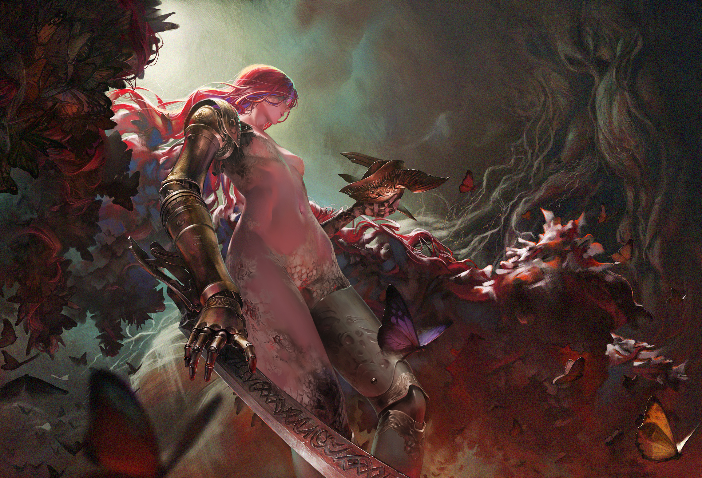 1girls, 2d, elden ring, female, female only, fromsoftware, light skin, light-skinned female, long hair, malenia blade of miquella, nmgmkn, nude, nude female, painting (artwork), prosthetic arm, red hair, solo, solo female