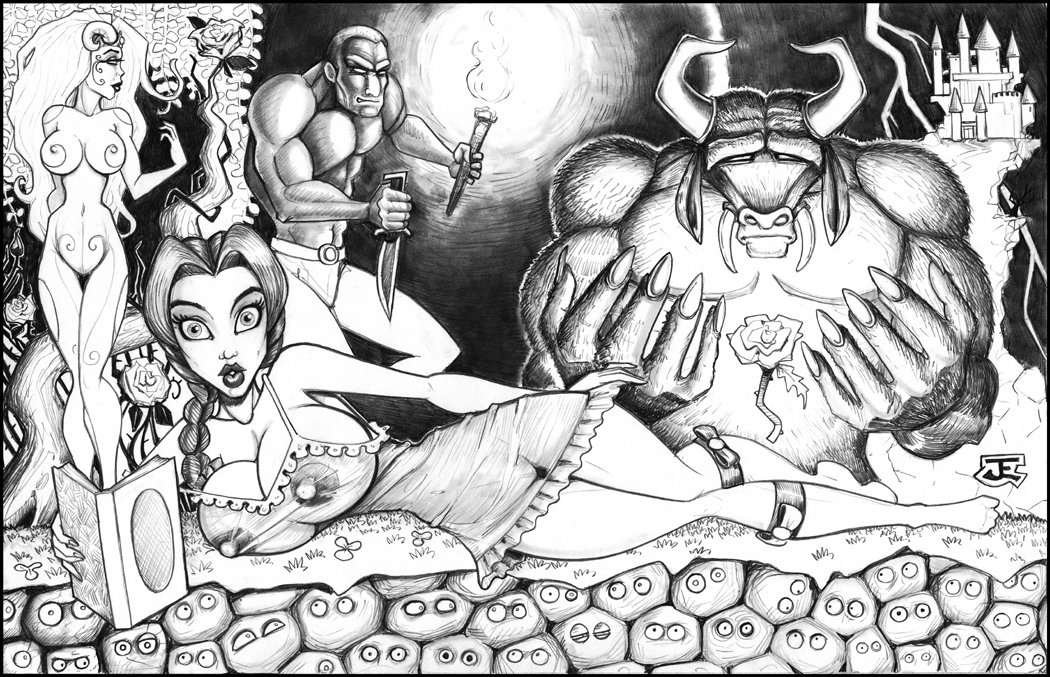 anklet anthro areolae beast_(disney) beauty_and_the_beast belle breasts cleavage disney disney_prince disney_princess erect_nipples eyebrows eyelashes eyeliner eyeshadow female french_braid hourglass_figure human knife large_breasts larger_male lipstick makeup monochrome monster nightgown nipples rose see-through size_difference smaller_female torch zeus(artist)