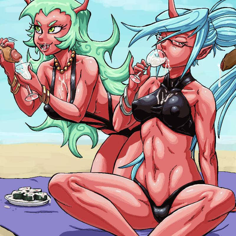 2demons 2girls beach beach_towel bikini black_bikini blue_hair breasts cleavage clothes cum cum_on_body cum_on_breasts cum_on_clothes cum_on_food cum_on_upper_body cup erect_nipples eyelashes fangs femdom food glasses green_eyes green_hair horn horns jewelry kneeling kneesocks_daemon large_breasts long_hair magic_penis multiple_girls navel necklace oekaki panty_&_stocking_with_garterbelt pearl_necklace penis pointy_ears ponytail red_skin scanty_daemon semi-rimless_glasses siblings sideboob sisters sitting sitting_indian_style sling_bikini spidu sushi swimsuit tankini tied_hair toned under-rim_glasses wine_glass