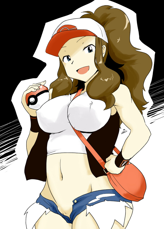 brown_hair erect_nipples female female_only hilda_(pokemon) human loungena midriff nintendo pokemon pokemon_bw solo unzipped