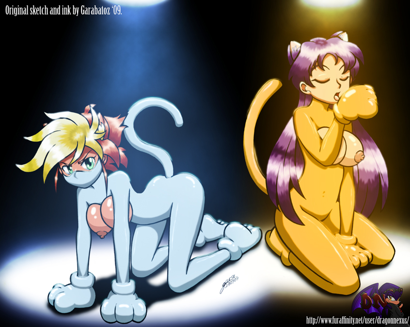 2009 2girls animal_ears blonde_hair blue_hair breasts cat_ears cat_girl dark_skin dirty_pair dirty_pair_flash dragon_nexus duo exposed_breasts female garabatoz human kei_(dirty_pair) large_breasts latex licking light-skinned_female light_skin long_hair multiple_girls multiple_subs nipples orange_hair paws petgirl short_hair suit tail tomboy yuri_(dirty_pair)